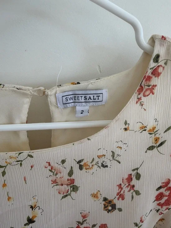 Cream Floral Midi Dress with Tie Waist - Picture 2 of 3